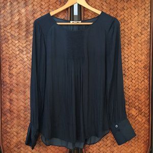 H Halston Deep Blue Pleated Pintuck Tunic Fantasy Blouse Medium